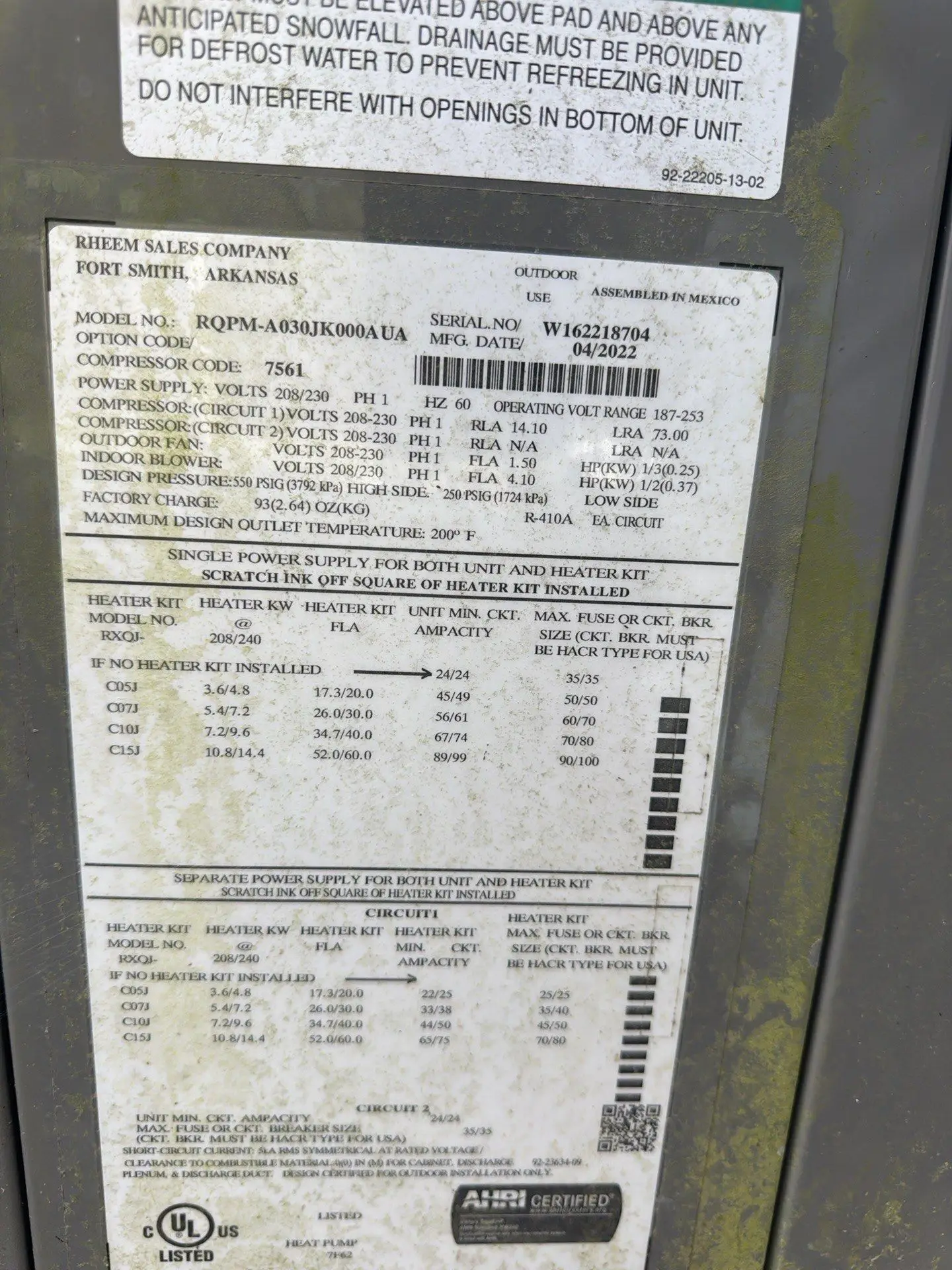 22 HVAC data plate — 15247 Cainsville Rd, Milton, TN 37118